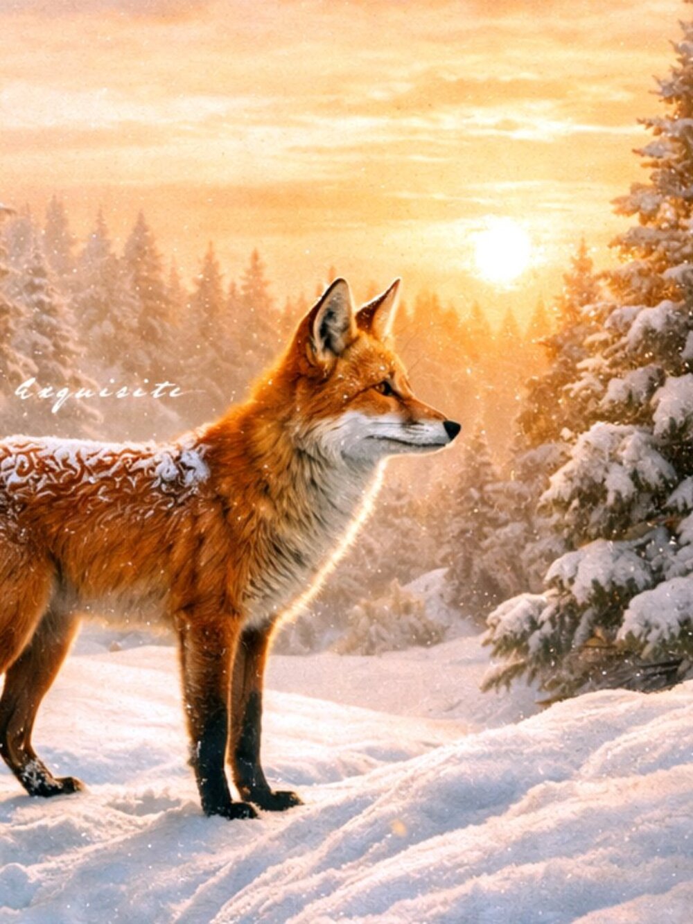 8x10 Winter Fox Sunrise Art Print Snow Forest Wildlife Wall Decor